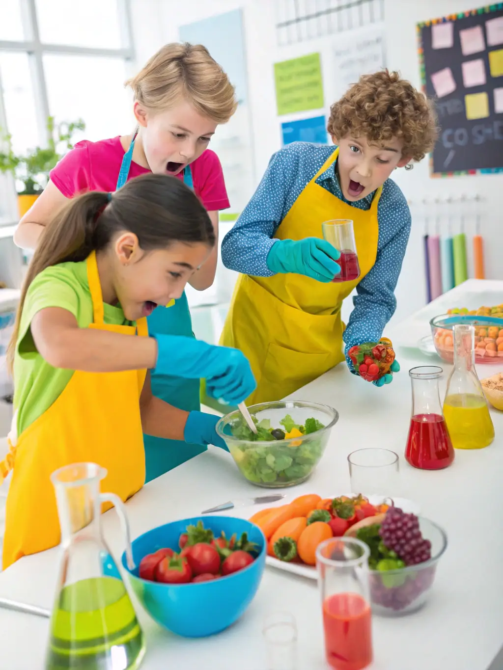 A vibrant image of children conducting a nutrition experiment in a lab setting, focusing on healthy food choices and their impact on the body during a Briefing-you science camp.
