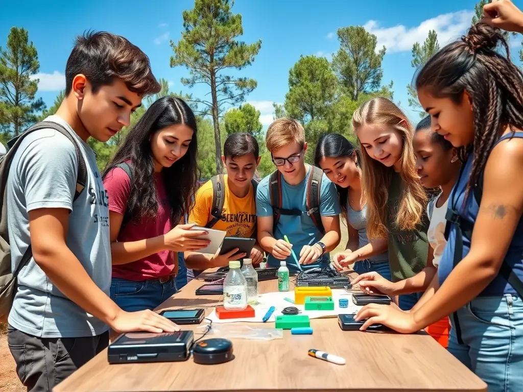 A visually appealing image of a diverse group of participants engaged in a hands-on activity at a science camp, with a focus on learning about supplements and AI in a collaborative environment.