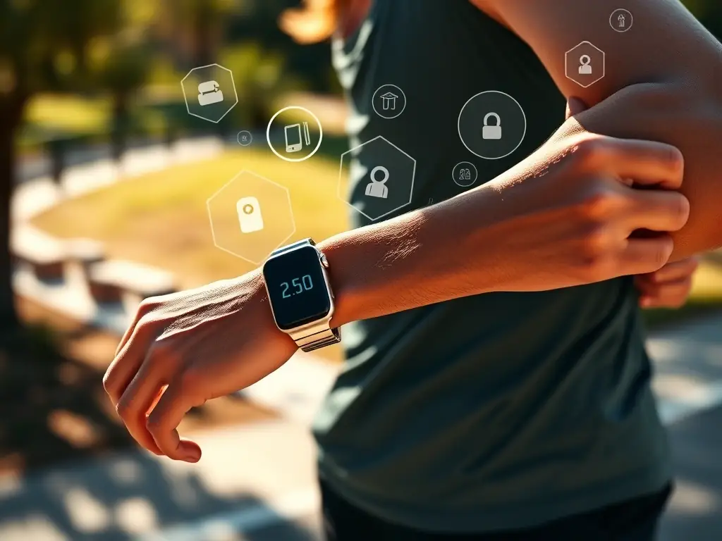A dynamic image depicting an athlete using a wearable device that tracks performance metrics, with an overlay of AI-generated insights and recommendations for supplement adjustments.