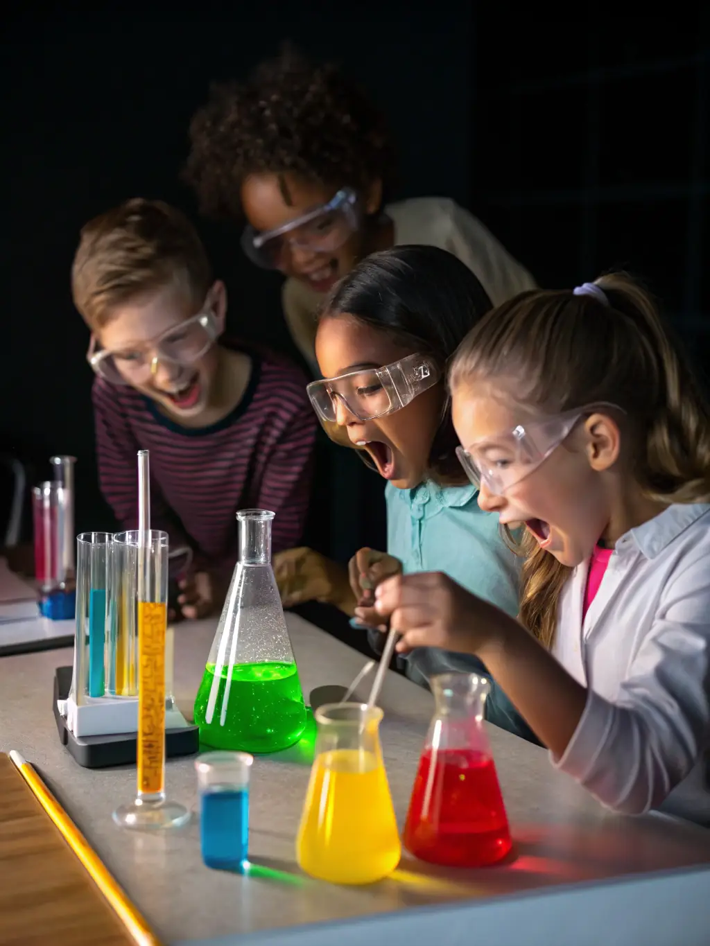 A group of children engaged in various science experiments, showcasing the fun and interactive learning environment of a Briefing-you general science camp.