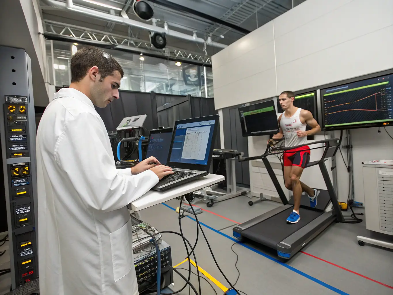 An image of a sports scientist analyzing data on a laptop, with various charts and graphs displayed on the screen. The background includes sports equipment and a laboratory setting.