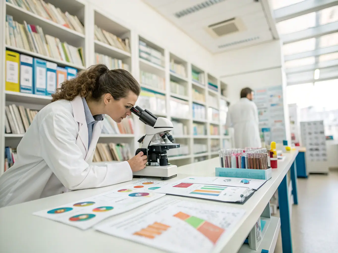 A detailed image showcasing a scientist in a lab coat analyzing data on a computer screen, with various supplement bottles visible in the background, symbolizing the integration of AI and supplements in scientific research.