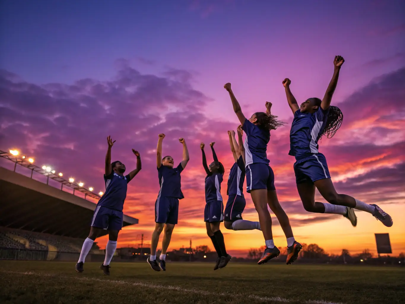 A motivational image of a group of athletes celebrating a victory, with expressions of joy and teamwork. The setting is a sports stadium with a cheering crowd in the background.